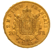 1865 20 French Francs Gold Coin Napoleon III A