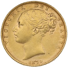 1870 Gold Sovereign - Victoria Young Head Shield Back- London