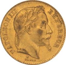 1867 20 French Francs Gold Coin Napoleon III Laureate Head BB PCGS MS62