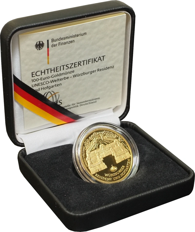 Proof German 100 Euro Gold Coin 2010 UNESCO Welterbe Wurzburger Residenz und Hofgarten Boxed