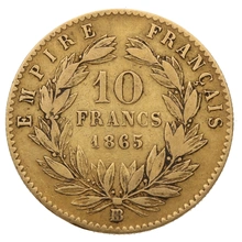 1865 10 French Francs Gold Coin Napoleon III BB