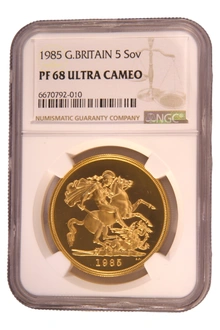 1985 Proof Gold £5 Coin Quintuple Sovereign NGC PF68