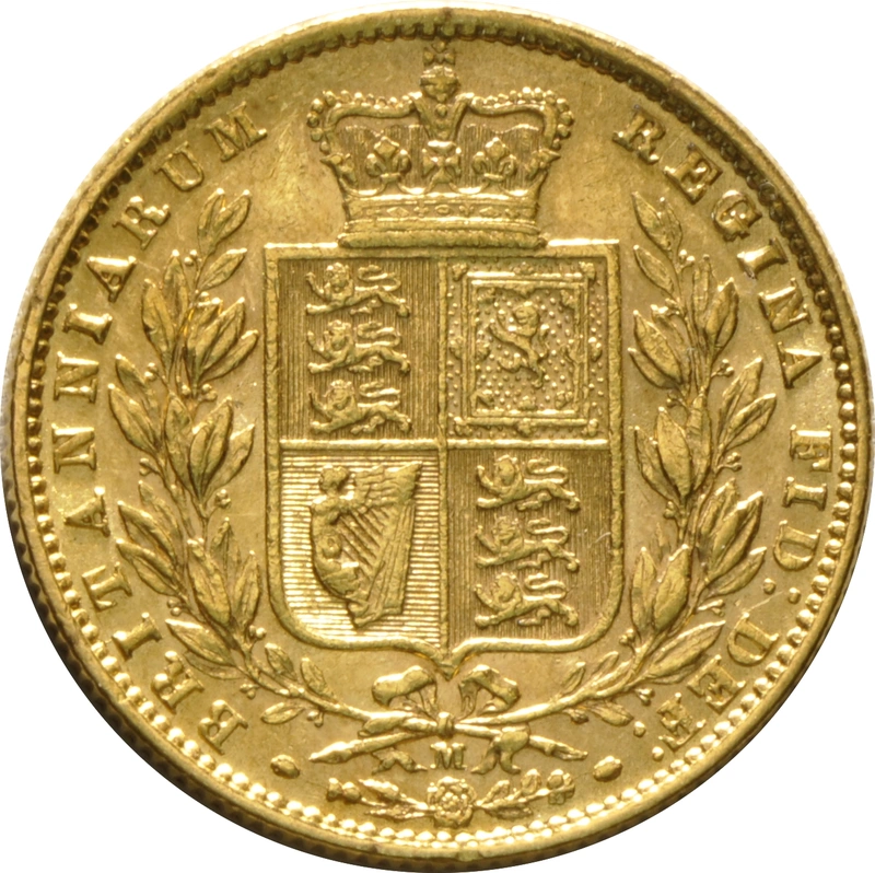 1874 Gold Sovereign - Victoria Young Head Shield Back- M