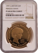 1999 - Gold £5 Proof Crown, Diana Princess of Wales Memorial NGC PF68