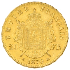 1870 20 French Francs Gold Coin Napoleon III A