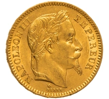 1865 20 French Francs Gold Coin Napoleon III BB