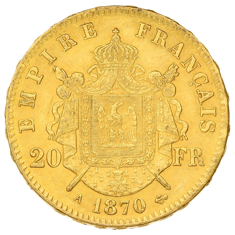1870 20 French Francs Gold Coin Napoleon III A