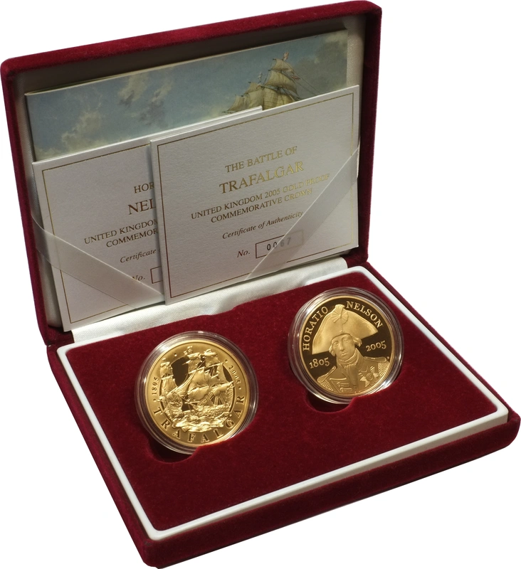 2005 Twin Gold £5 Proof Crown set Nelson and Trafalgar 200th Anniversary Boxed