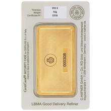 C. Hafner 50 Gram Gold Minted Bar