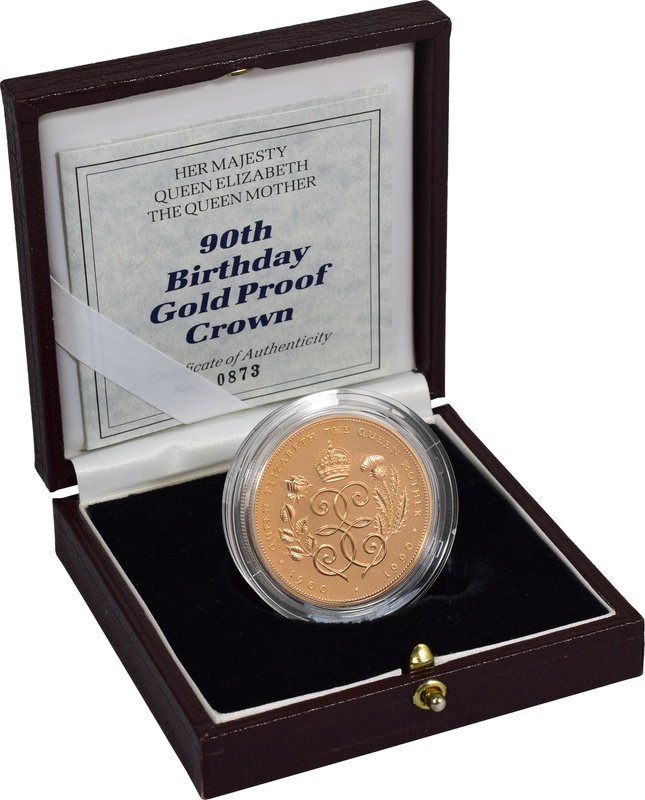 1990 - Gold Five Pound Proof Coin, Queen Mother 90th Birthday