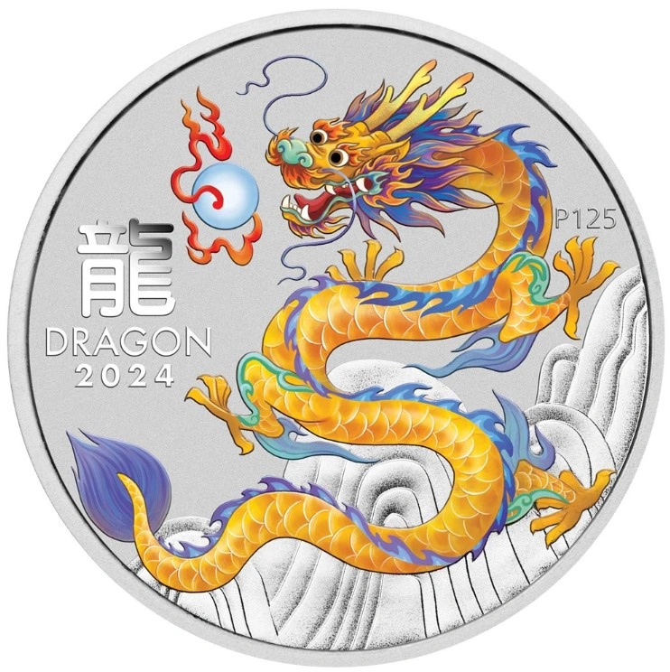 2024 1oz Perth Mint Year of the Dragon Coloured Silver Coin - Yellow Dragon