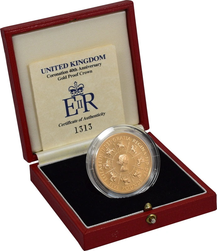 1993 Proof £5 Gold Crown Coin 40th Anniversary of the Coronation Boxed