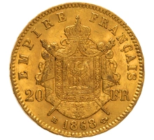 1868 20 French Francs - Napoleon III Laureate Head - BB