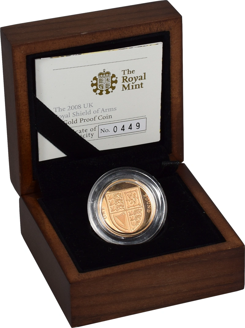 2008 Proof Gold £1 Pound Coin UK Royal Arms Shield Boxed