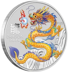 2024 1oz Perth Mint Year of the Dragon Coloured Silver Coin - Yellow Dragon