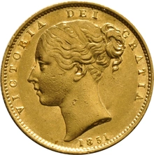 1851 Gold Sovereign - Victoria Young Head Shield Back- London
