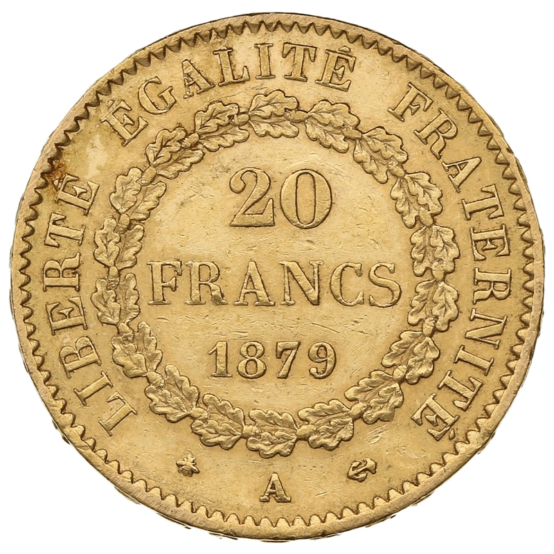 1879 20 French Francs Gold Coin Guardian Angel Genius A