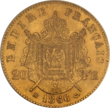 1866 20 French Francs Gold Coin Napoleon III Laureate Head BB PCGS MS62