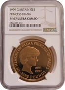 1999 - Gold £5 Proof Crown, Diana Princess of Wales Memorial NGC PF67