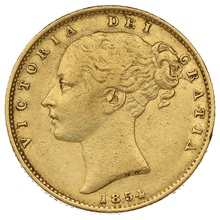 1854 Gold Sovereign - Victoria Young Head Shield Back- London