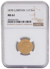 1878 Gold Half Sovereign Queen Victoria Young Head Shield Back NGC MS61