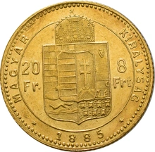 Hungarian 20 Franc 8 Forints Gold Coin Franz Joseph I 1870-1892 KB