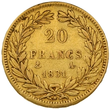 1831 20 French Francs Gold Coin Louis-Philippe Incuse Rim Lettering A
