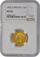 1852 Gold Sovereign - Victoria Young Head Shield Back- London NGC AU58