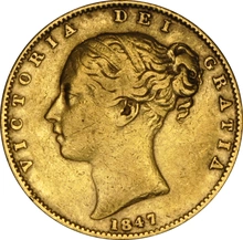 1847 Gold Sovereign - Victoria Young Head Shield Back- London