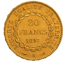 1897 20 French Francs Gold Coin Guardian Angel Genius A