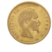 10 French Francs Gold Coin Napoleon III Bare Head 1854-1860