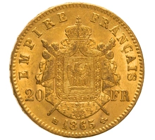1865 20 French Francs Gold Coin Napoleon III BB