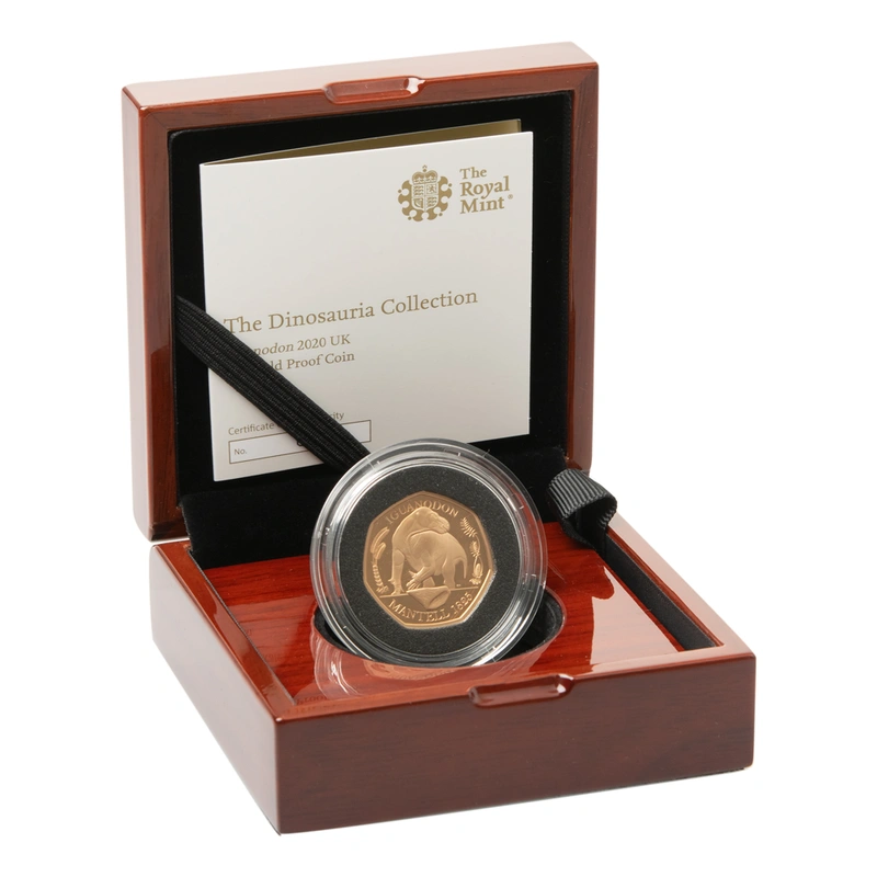 2020 Dinosaurs Collection Iguanodon Fifty Pence Proof Gold Coin Boxed