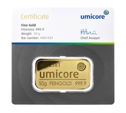 Umicore 50 Gram Gold Bar
