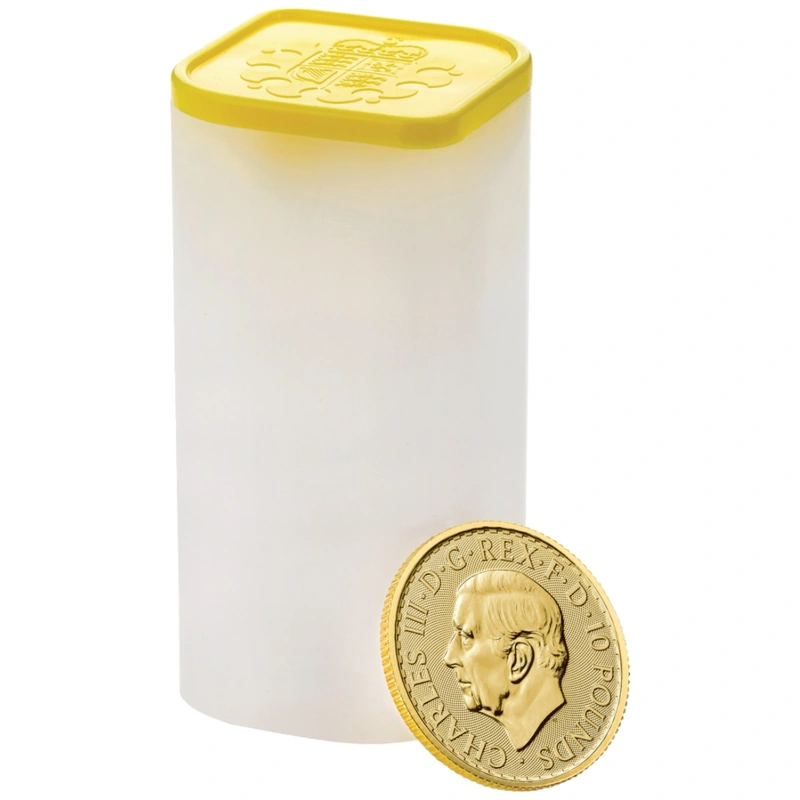 Tube of 25 2025 Tenth Ounce Britannia Gold Coins