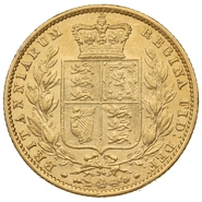 1865 Gold Sovereign Coin Queen Victoria Young Head Shield Back