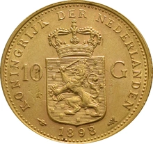 Dutch 10 Guilders Gold Coin Wilhelmina Coronet Head 1898
