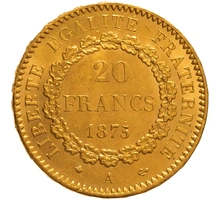 1875 20 French Francs Gold Coin Guardian Angel Genius A