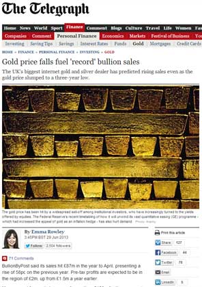 Gold Price Falls Fuel 'Record' Bullion Sales - Telegraph
